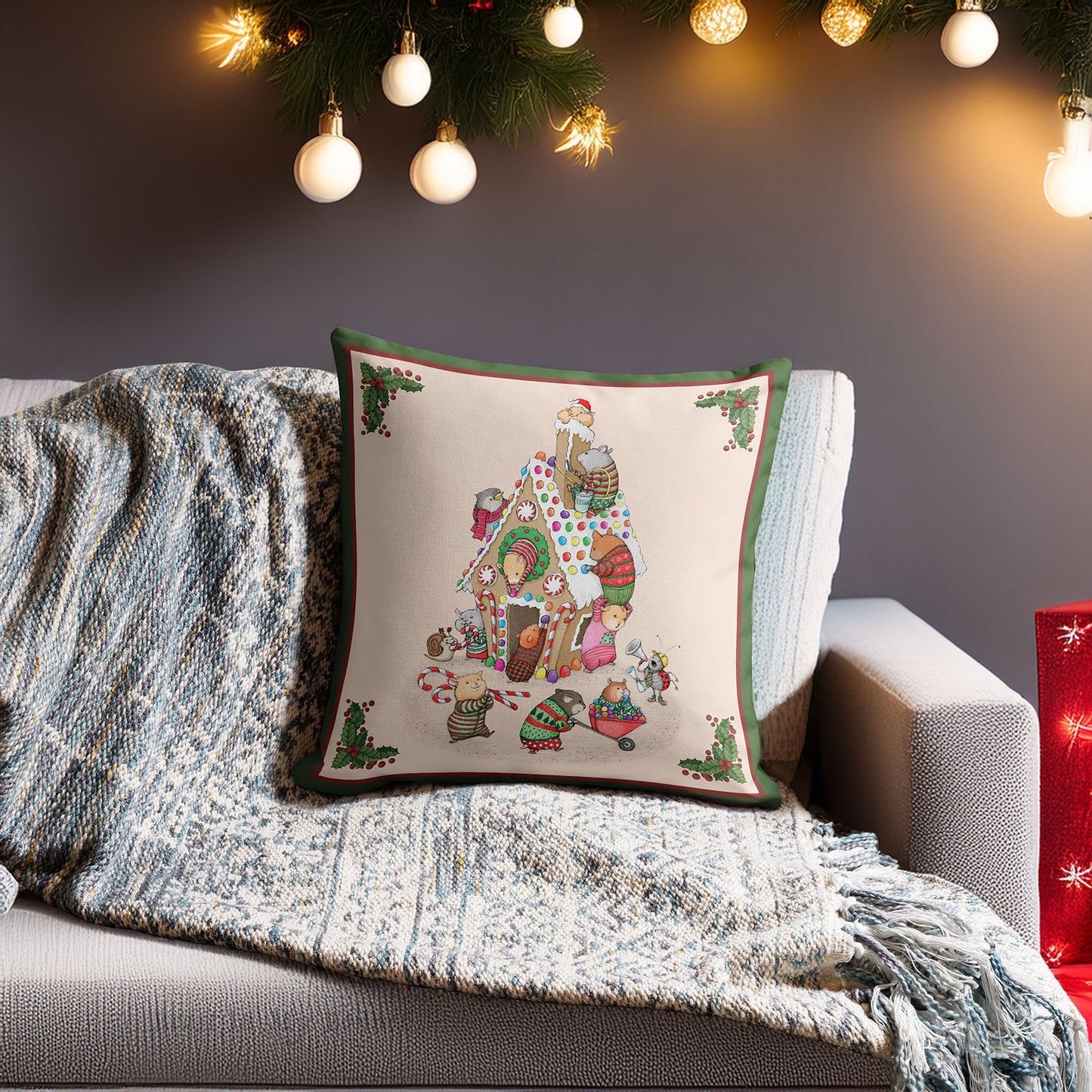 Christmas Pillow - 18 x 18 - Gingerbread House Building