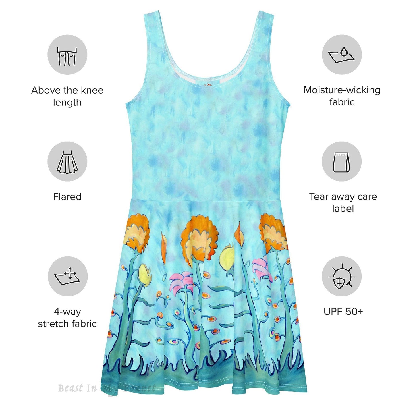 Skater's Dress - Tall Flowers on Blue
