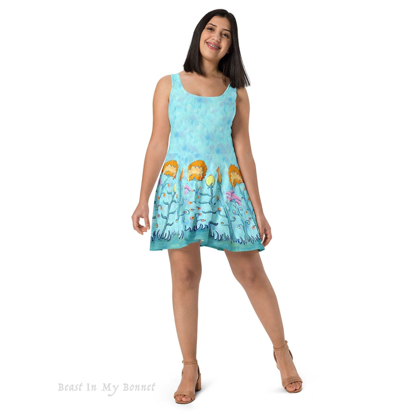 Skater's Dress - Tall Flowers on Blue