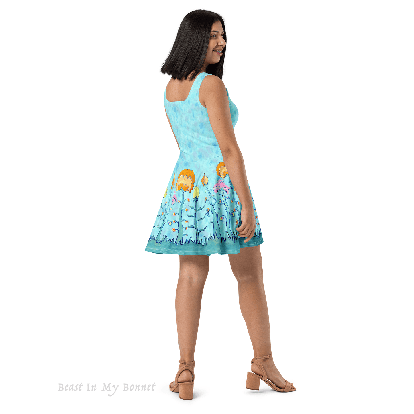 Skater's Dress - Tall Flowers on Blue