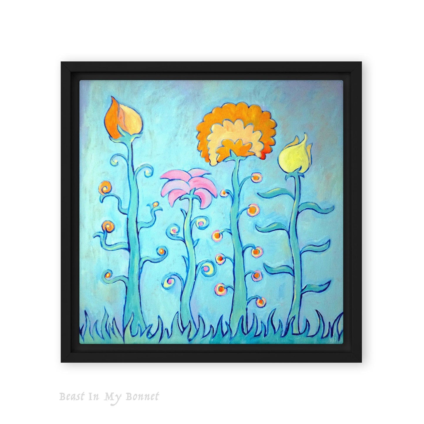 Framed Canvas - 12 x 12 - Tall Flowers on Blue