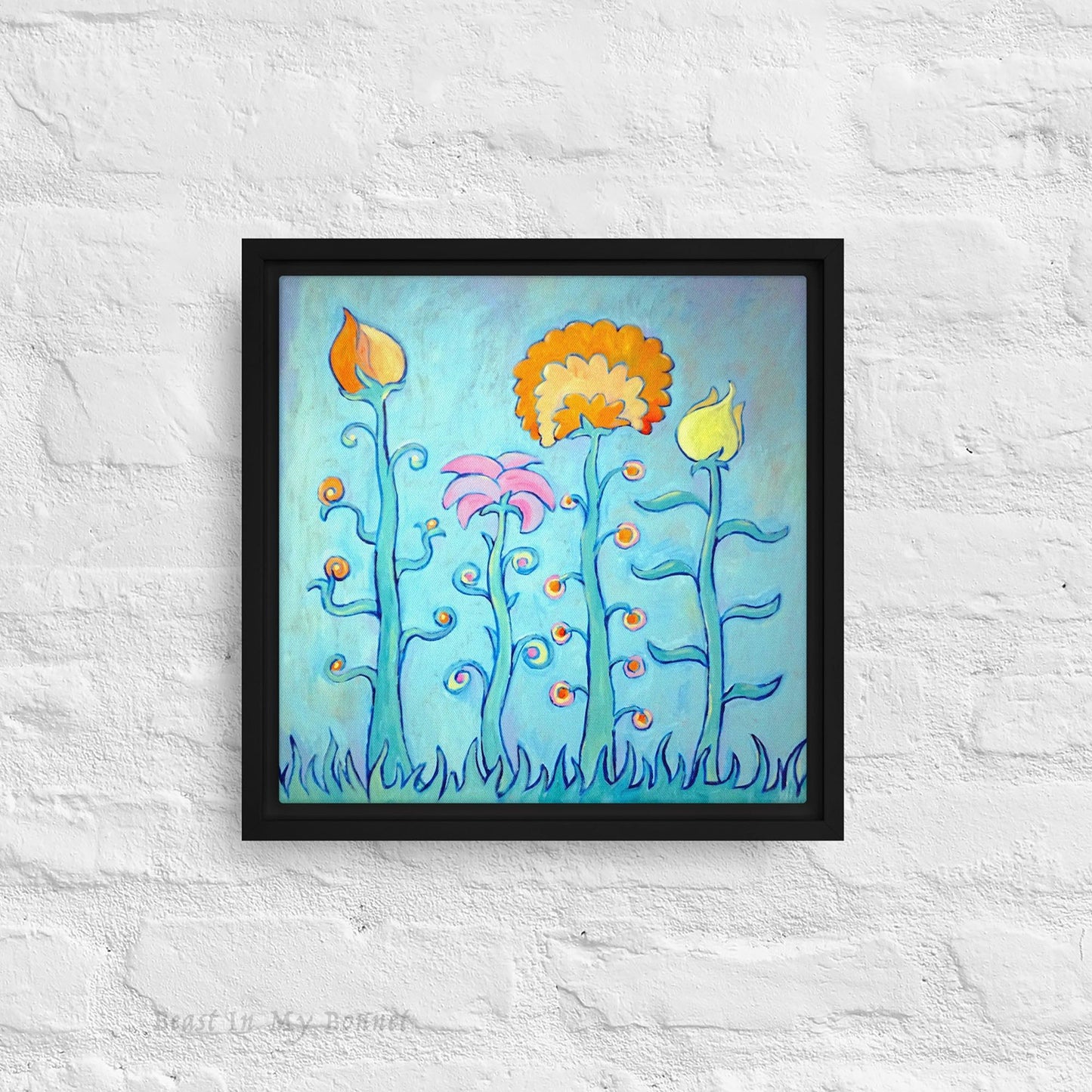 Framed Canvas - 12 x 12 - Tall Flowers on Blue