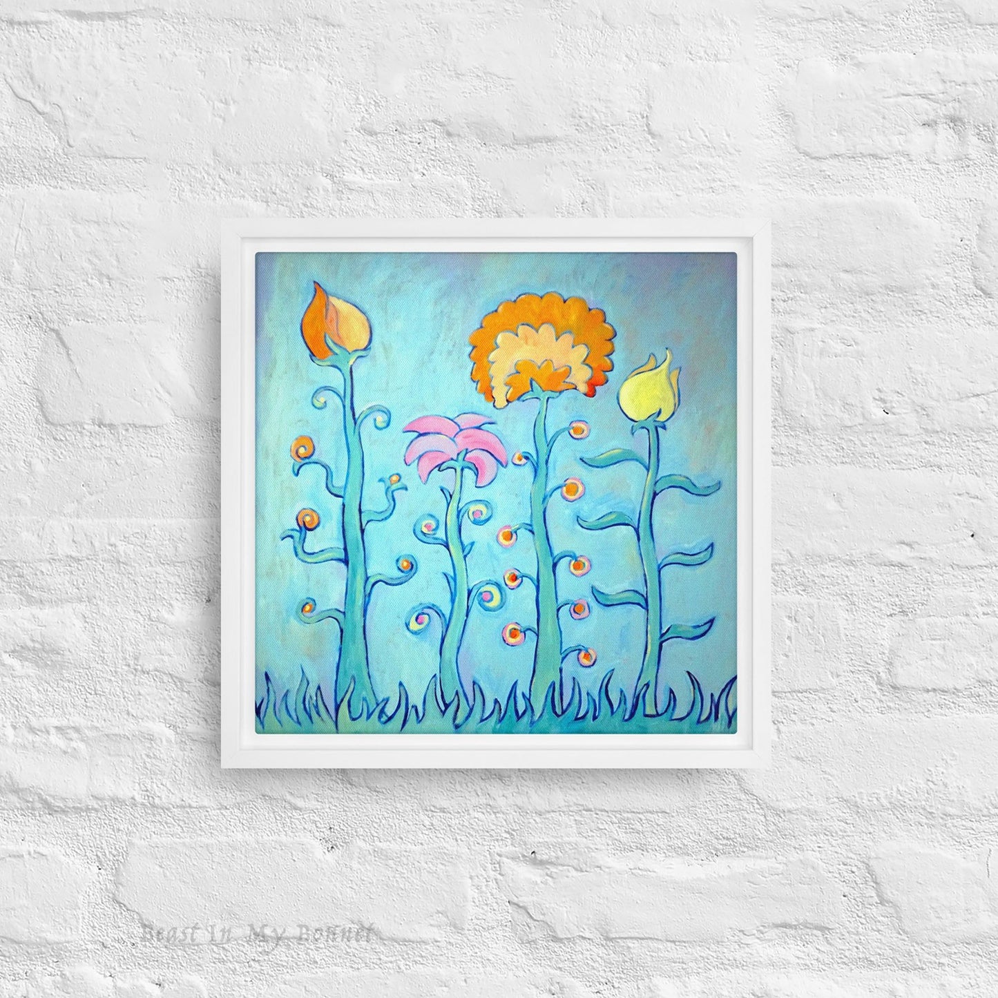 Framed Canvas - 12 x 12 - Tall Flowers on Blue