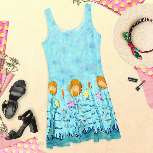 Skater's Dress - Tall Flowers on Blue