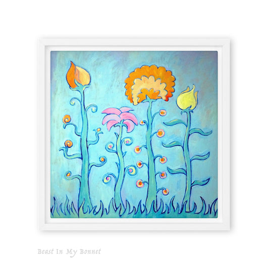 Framed Canvas - 12 x 12 - Tall Flowers on Blue