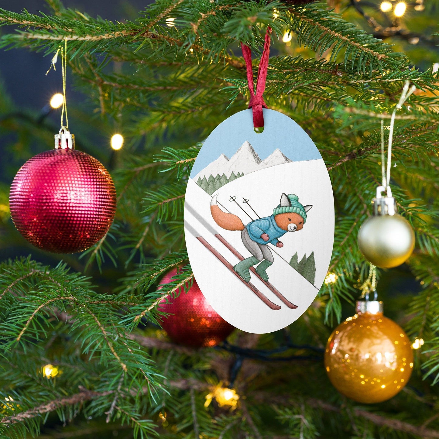 Wooden Ornament - Fox Skier