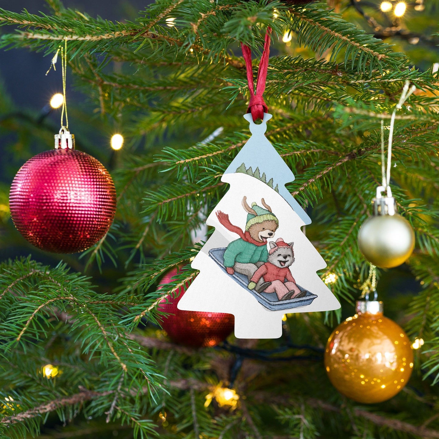 Wooden Ornament - Sledding Fun